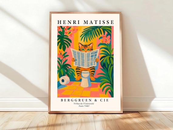 Henri Matisse Tabby Cat On Toilet Reading Newspaper Funny Poster