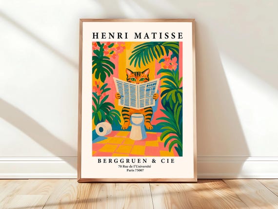 Tabby Cat On A Toilet Funny Bathroom Wall Art Matisse Print Pink Dopamine Decor Mid Century Modern