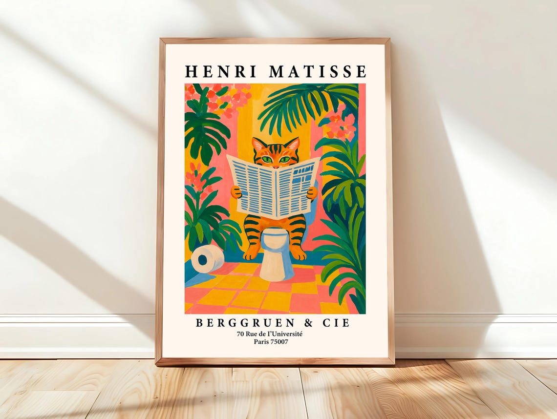 Henri Matisse Tabby Cat On Toilet Reading Newspaper Funny Poster