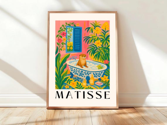 Otter In Bathtub Art Print Henri Matisse Wall Pink Tropical Bathroom Decor Animal