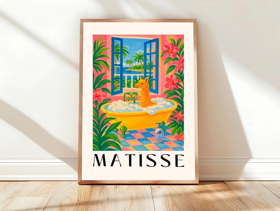 Llama In Bathtub Matisse Style Tropical Bubble Bath Art Poster