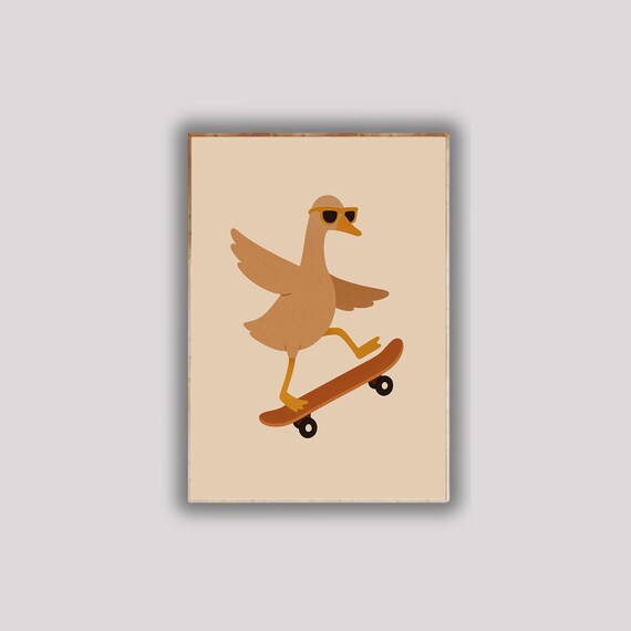 Duck On Skateboard Poster Funny Goose Wall Art Cool Bird Print Quirky Animal Decor For Pet And Skate Lovers