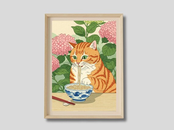 Japanese Orange Tabby Cat Eating Ramen Noodles Hydrangea Art Poster
