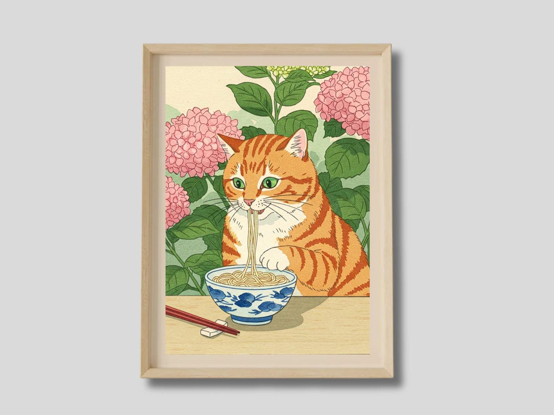 Japanese Orange Tabby Cat Eating Ramen Noodles Hydrangea Art Poster