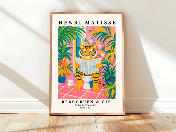 Tiger Reading Newspaper on Toilet Matisse Style Funny Animal Poster