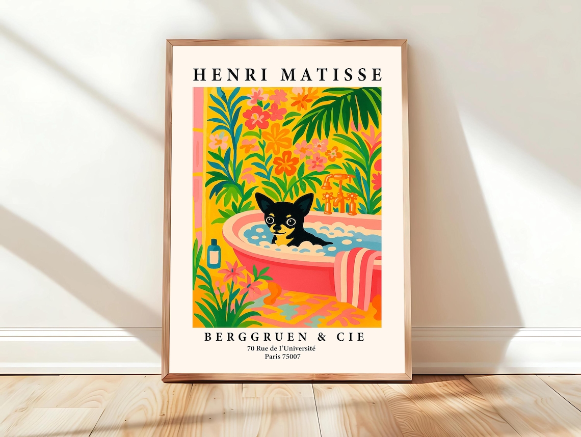 Black Chihuahua Pink Bathtub Tropical Matisse Style Animal Poster