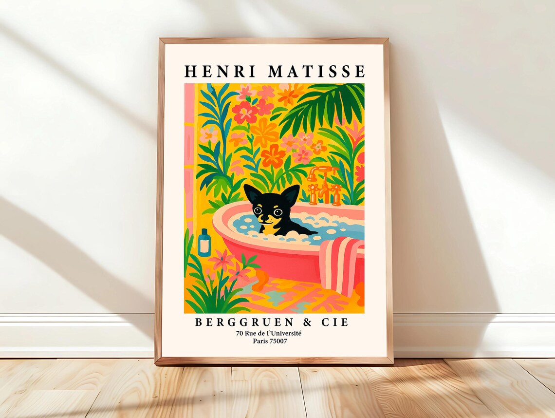 Black Chihuahua Poster Dog Art Print Funny Bathroom Decor Pink Matisse Boho Wall