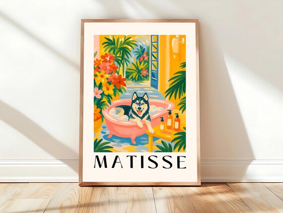 Henri Matisse Smiling Husky In Pink Bathtub Tropical Decor Poster