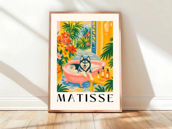 Husky In Bathtub Funny Bathroom Vanity Art Gift For Dog Lovers Print Matisse Wall Pink Dopamine Decor