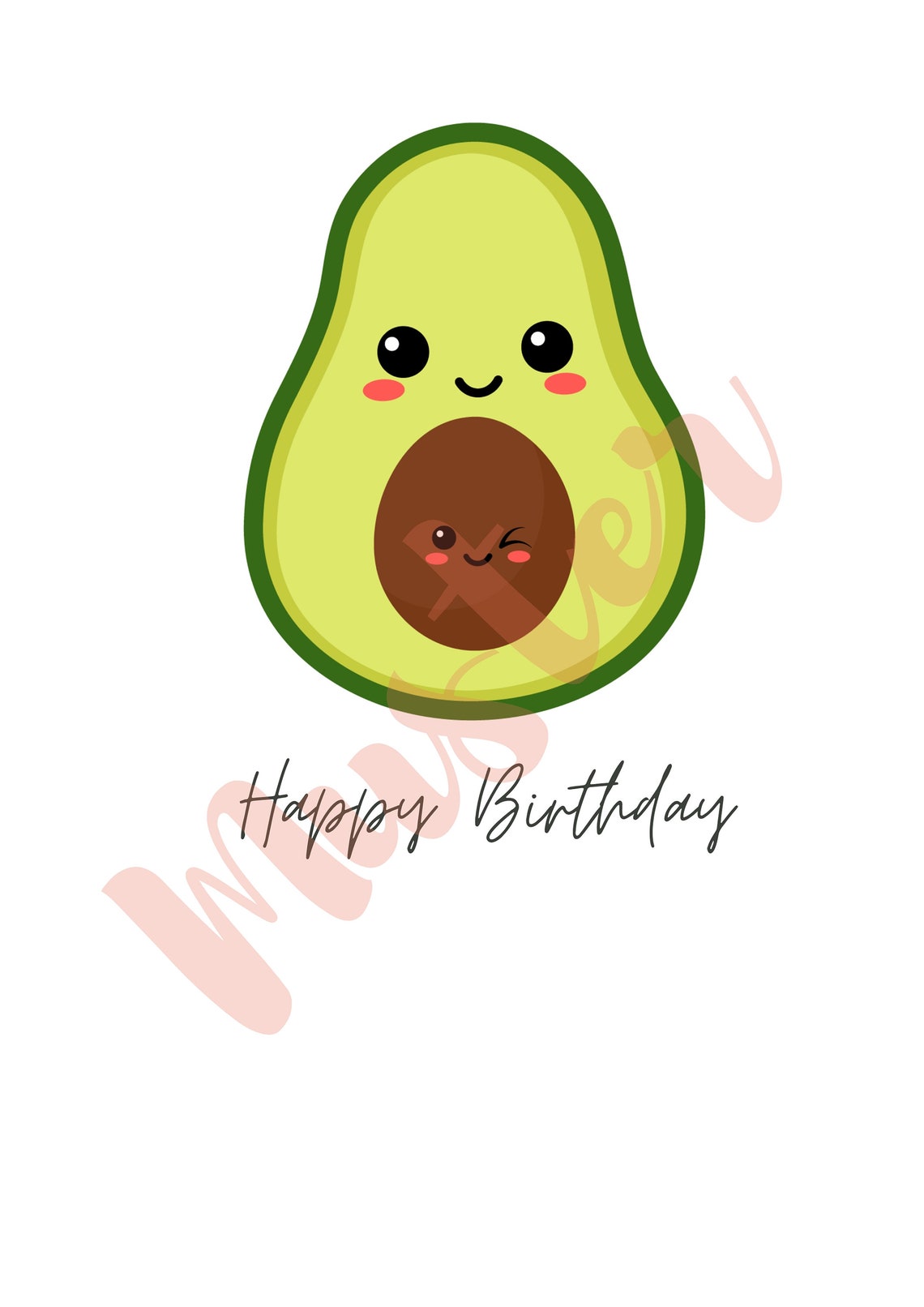 Kawaii Smiling Avocado and Winking Pit Happy Birthday Greeting Poster - Image 3