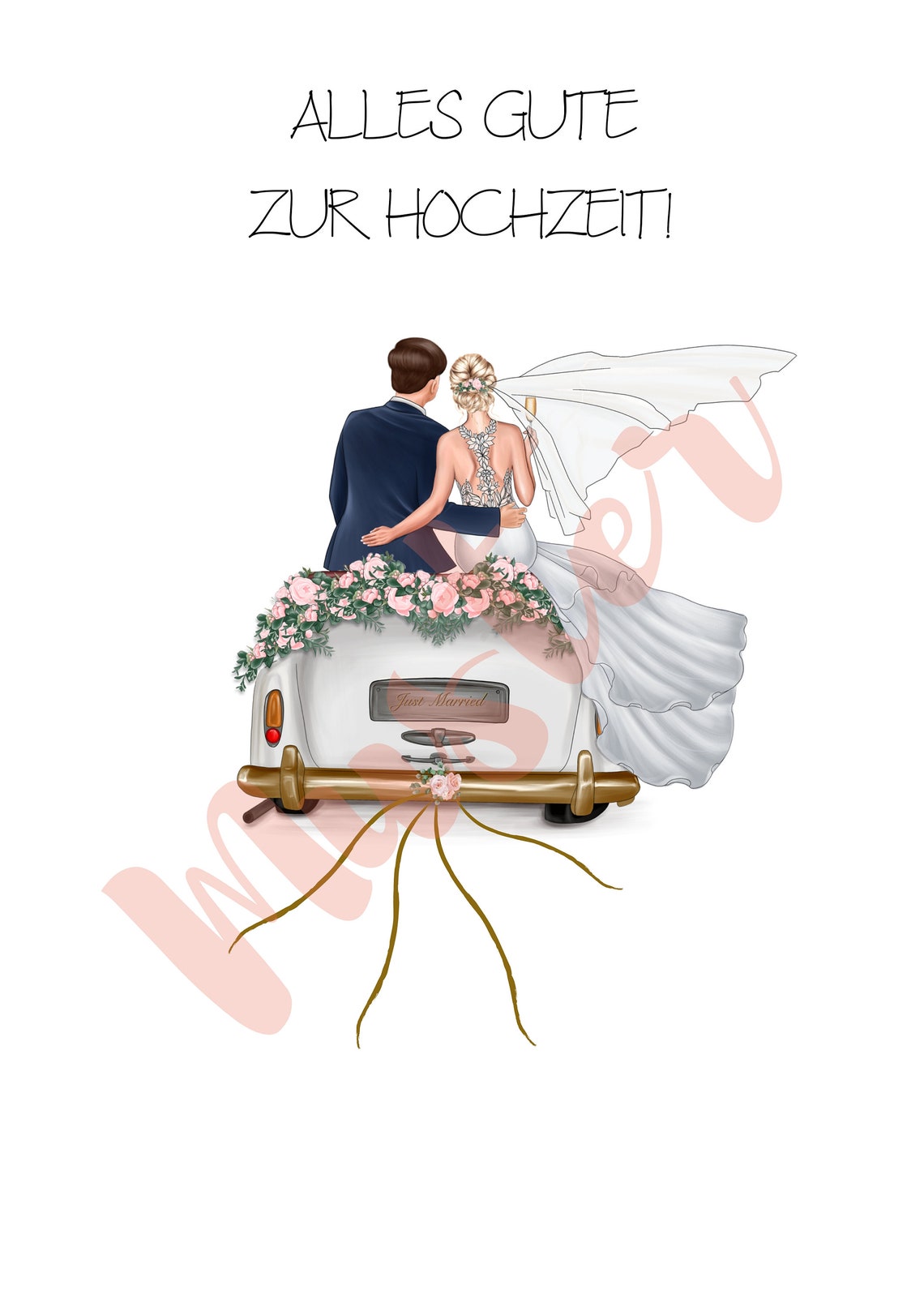 Blonde Braided Bride and Navy Groom on Floral Just Married Car Poster - Image 2