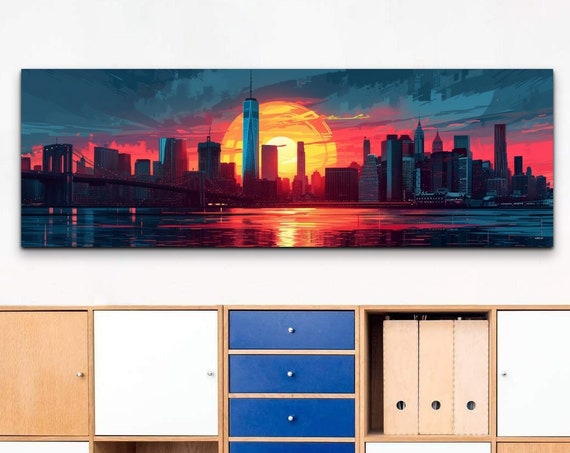 New York Sky Line Print Panoramic Usa Cityscape New York Skyline Large Art Office Wall Decor Ready To Hang Panoramic