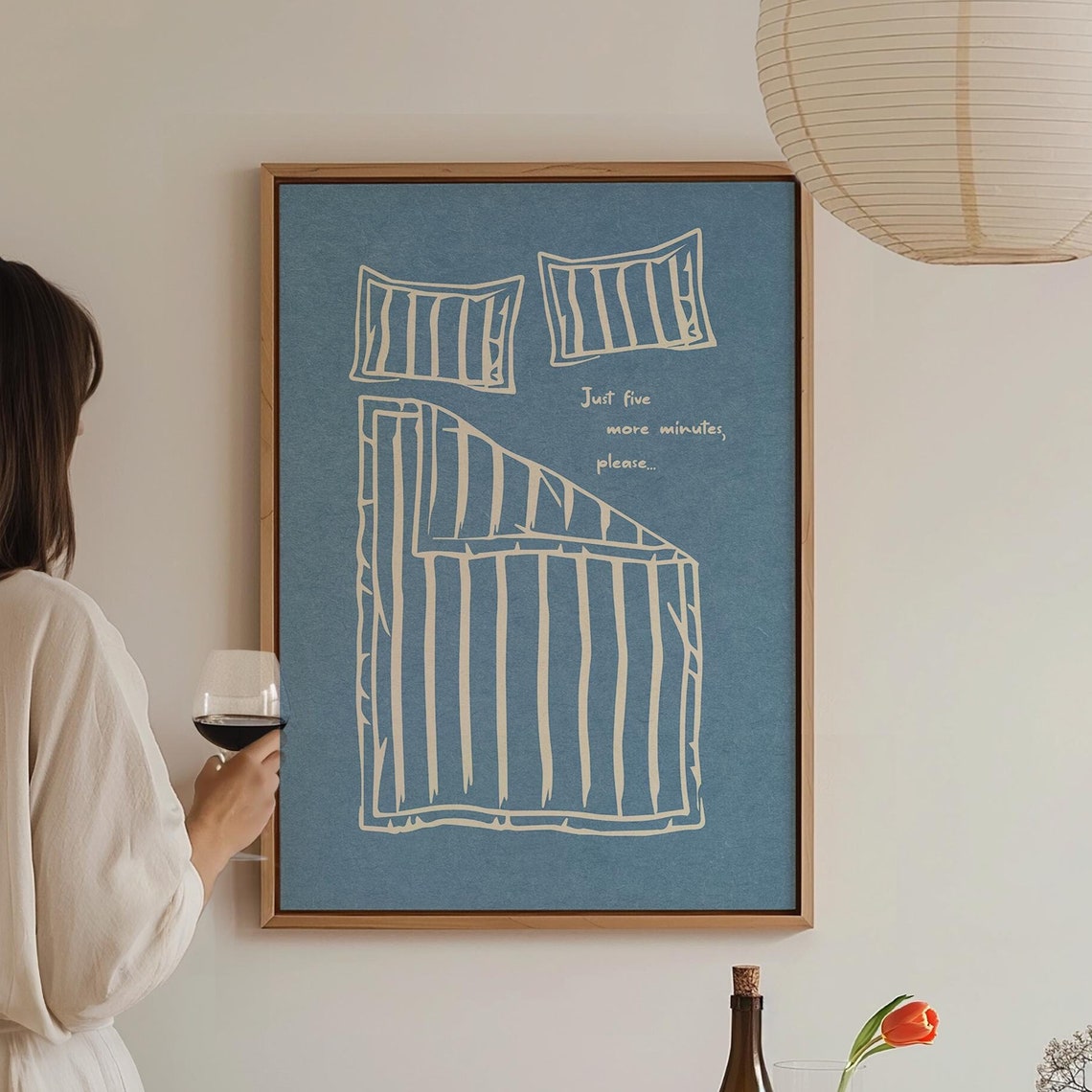 Just Five More Minutes Cozy Bed Blue Line Art Funny Bedroom Poster