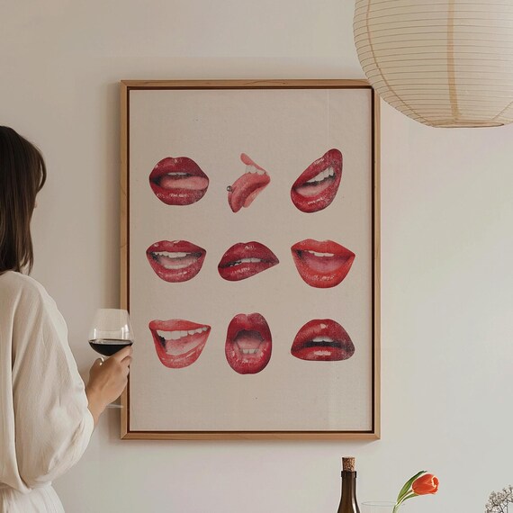 Retro Red Lips Kiss Marks Grid Vintage Makeup Pop Art Wall Poster