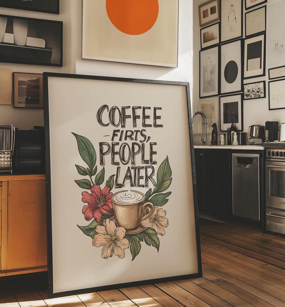 Coffee First Retro Print Bar Cart Poster Vintage Art Kitchen Illustration Drawing Lover Gift Trendy Home Decor