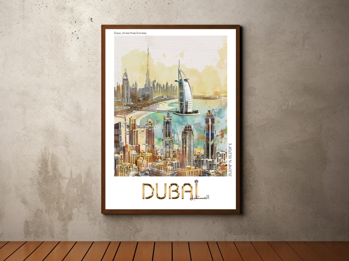 Dubai Skyline Watercolor Burj Khalifa Gold Lettering Travel Poster