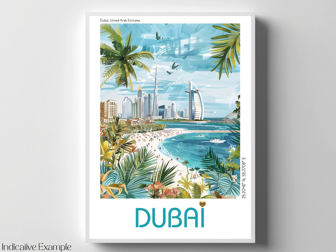 Dubai Beach Burj Al Arab Palm Fronds Modern Illustrated Travel Poster - Image 4