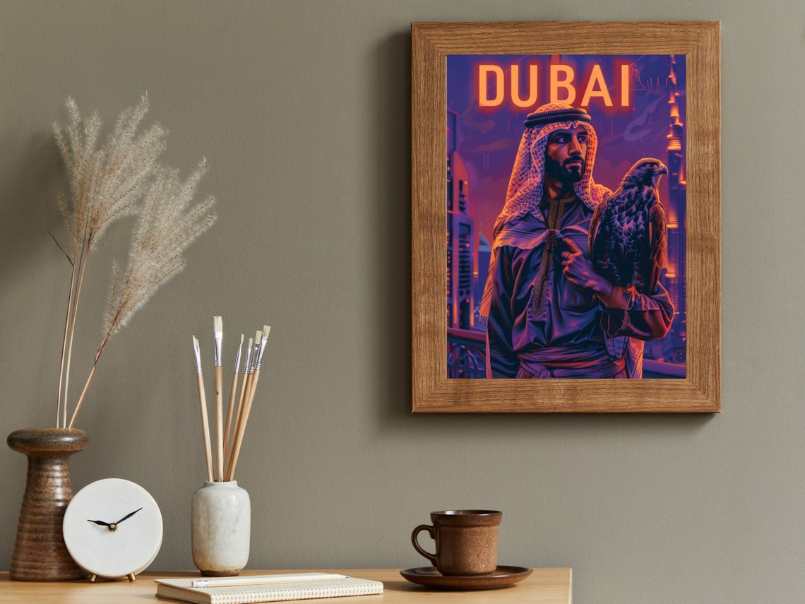 Dubai Neon Falcon Portrait Arab Heritage Night Skyline Poster - Image 3