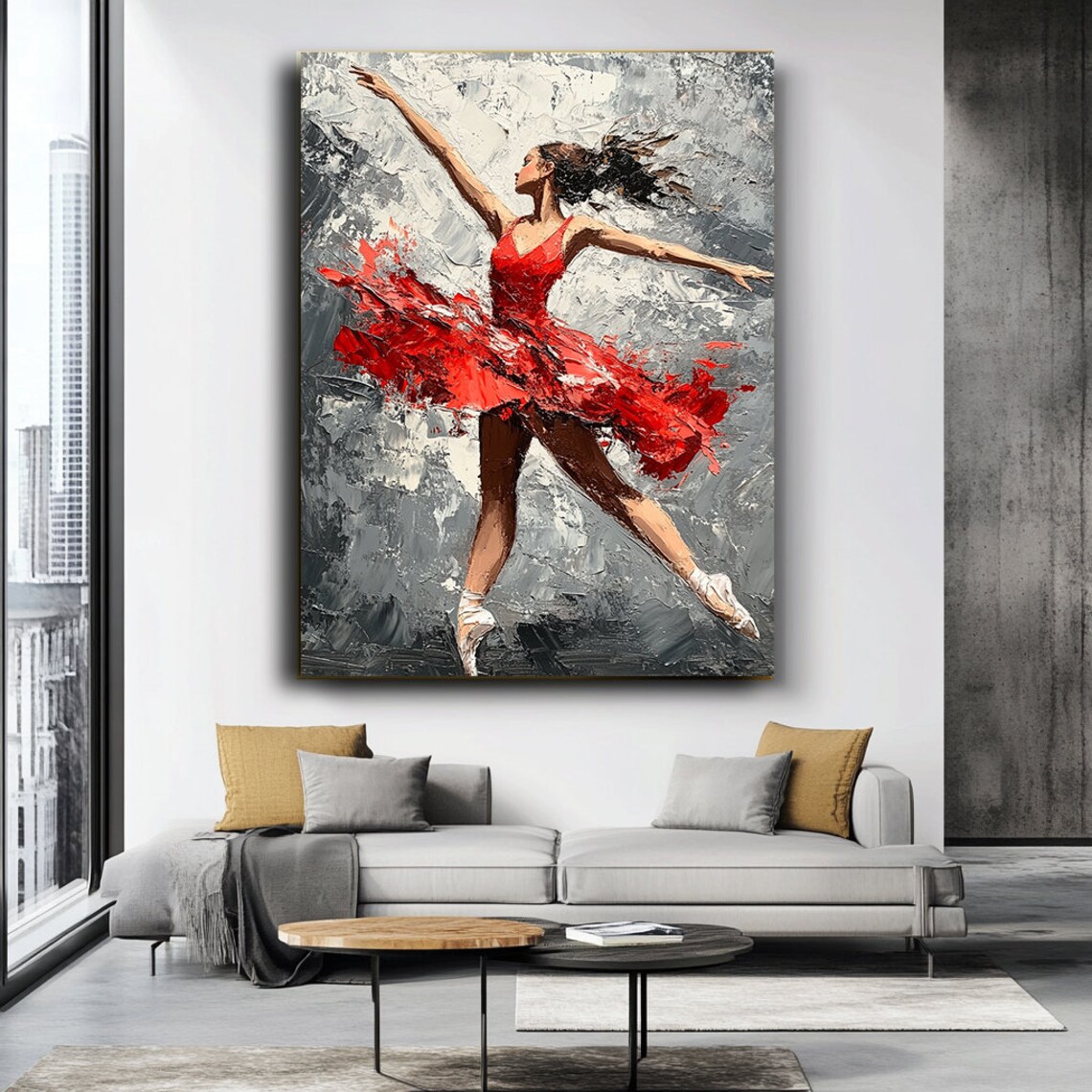 Ballet Dancer In Flowing Red Dress Dynamic Leap Abstract Gray Art Poster - Image 3