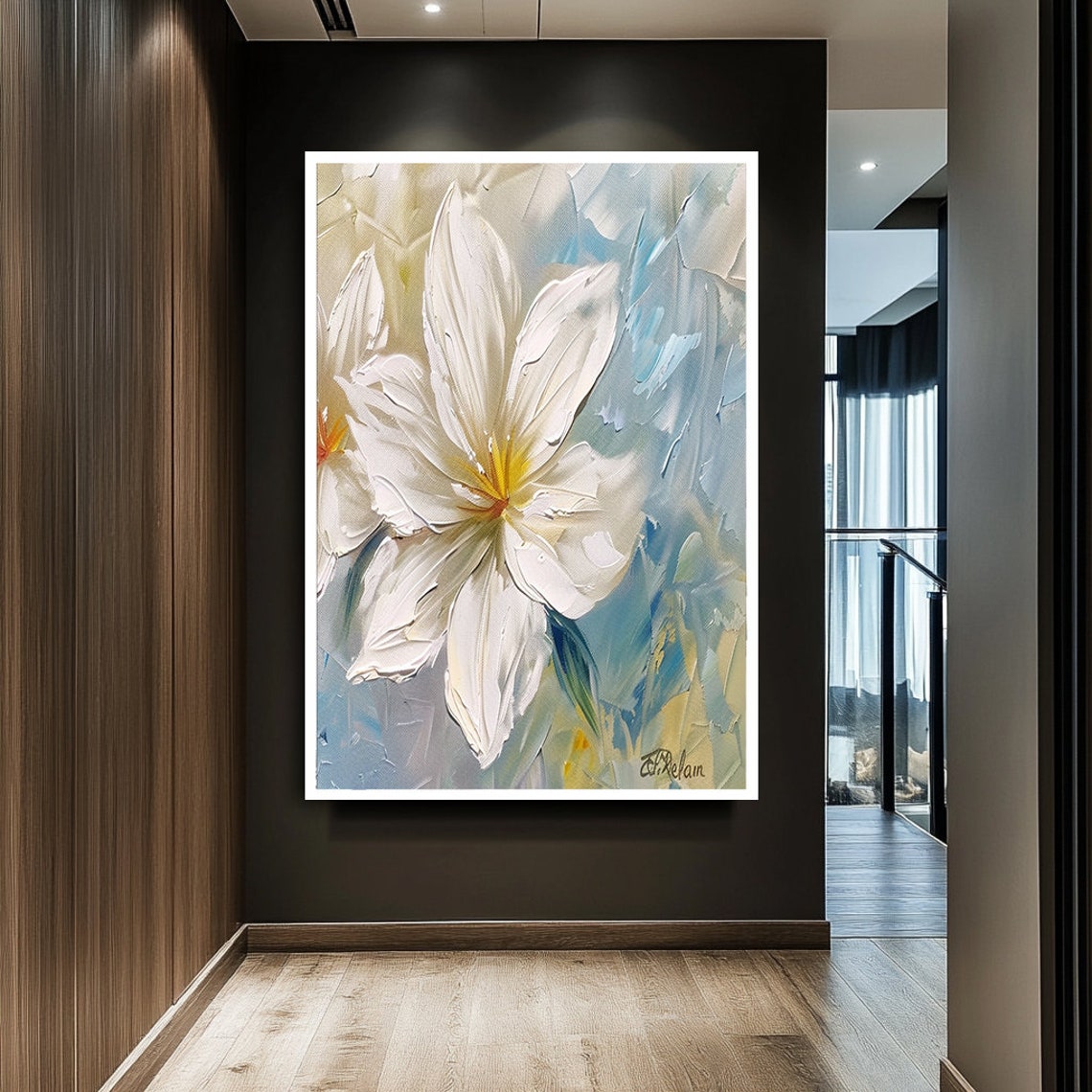 White Flower Impasto Painting Soft Blue Background Wall Art Poster