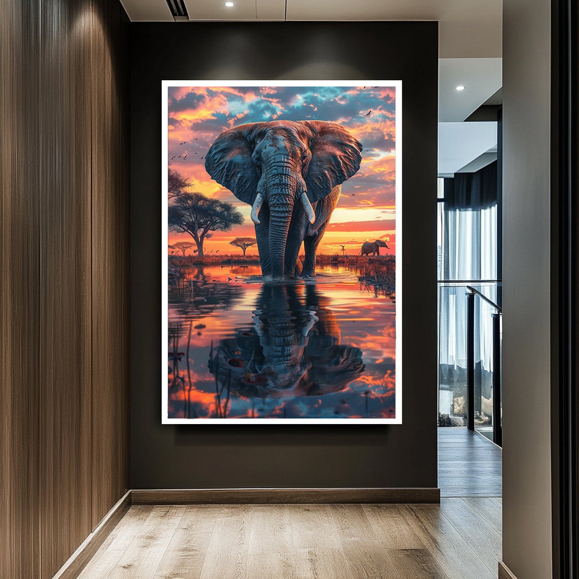 Elephant Sunset Waterhole Reflection Dramatic African Safari Poster - Image 2