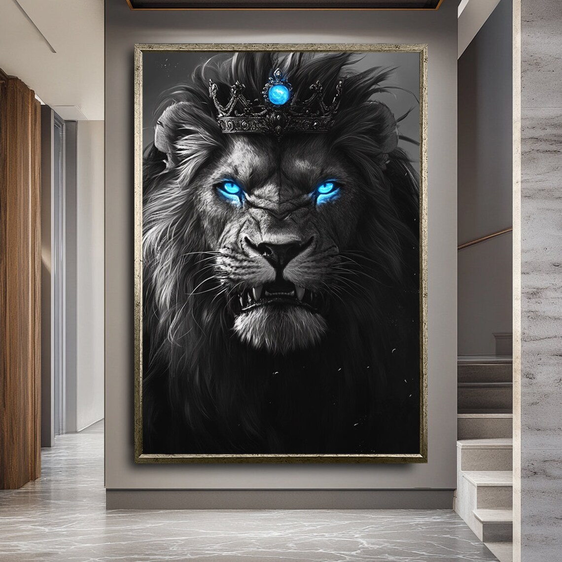 Lion With Blue Eyes and Crown Animal Art Print