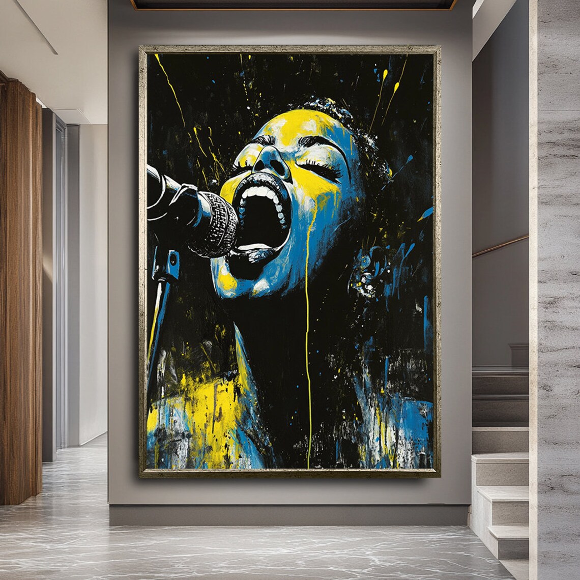 Black Blue Yellow Female Singer Microphone Pop Art Style Wall Art Print - Image 2