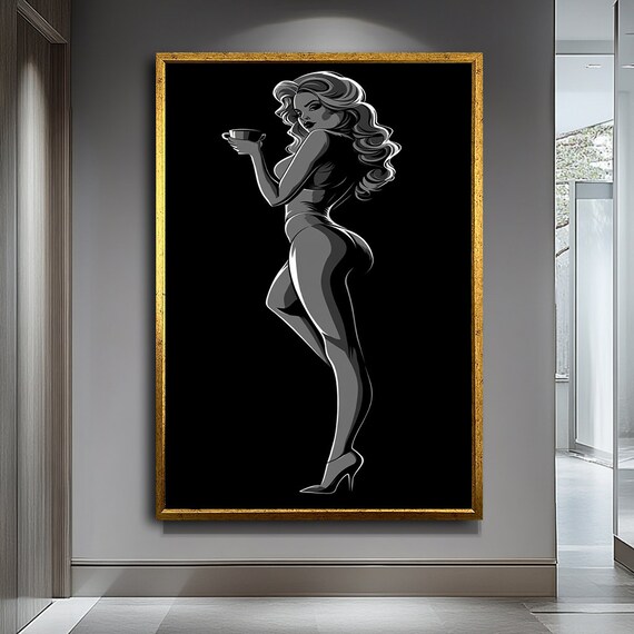 Pop Art Woman Coffee Cup Black White Silhouette Vintage Glamour Wall Poster