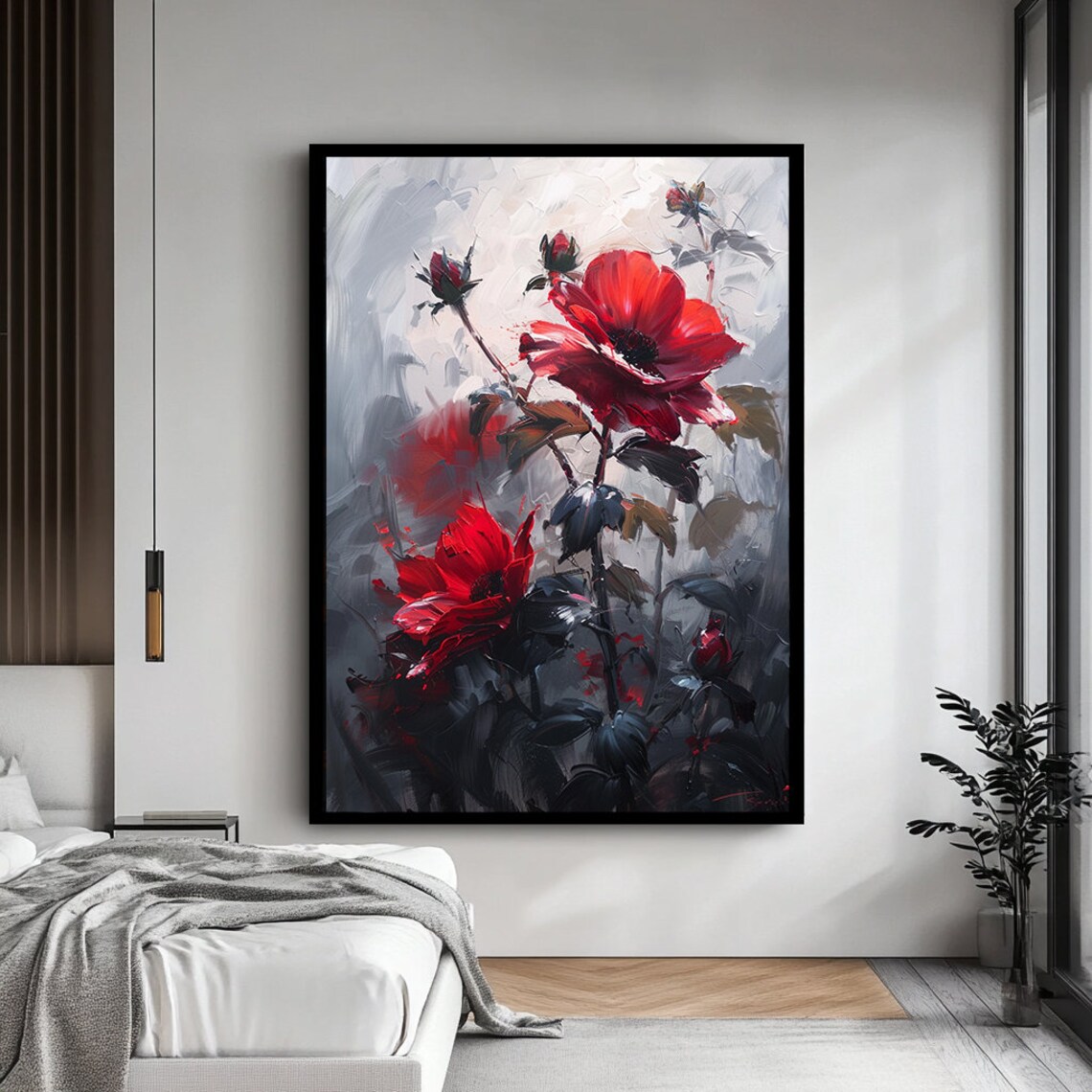 Abstract Red Flowers Oil Painting Bold Floral Impasto Poster - Image 3