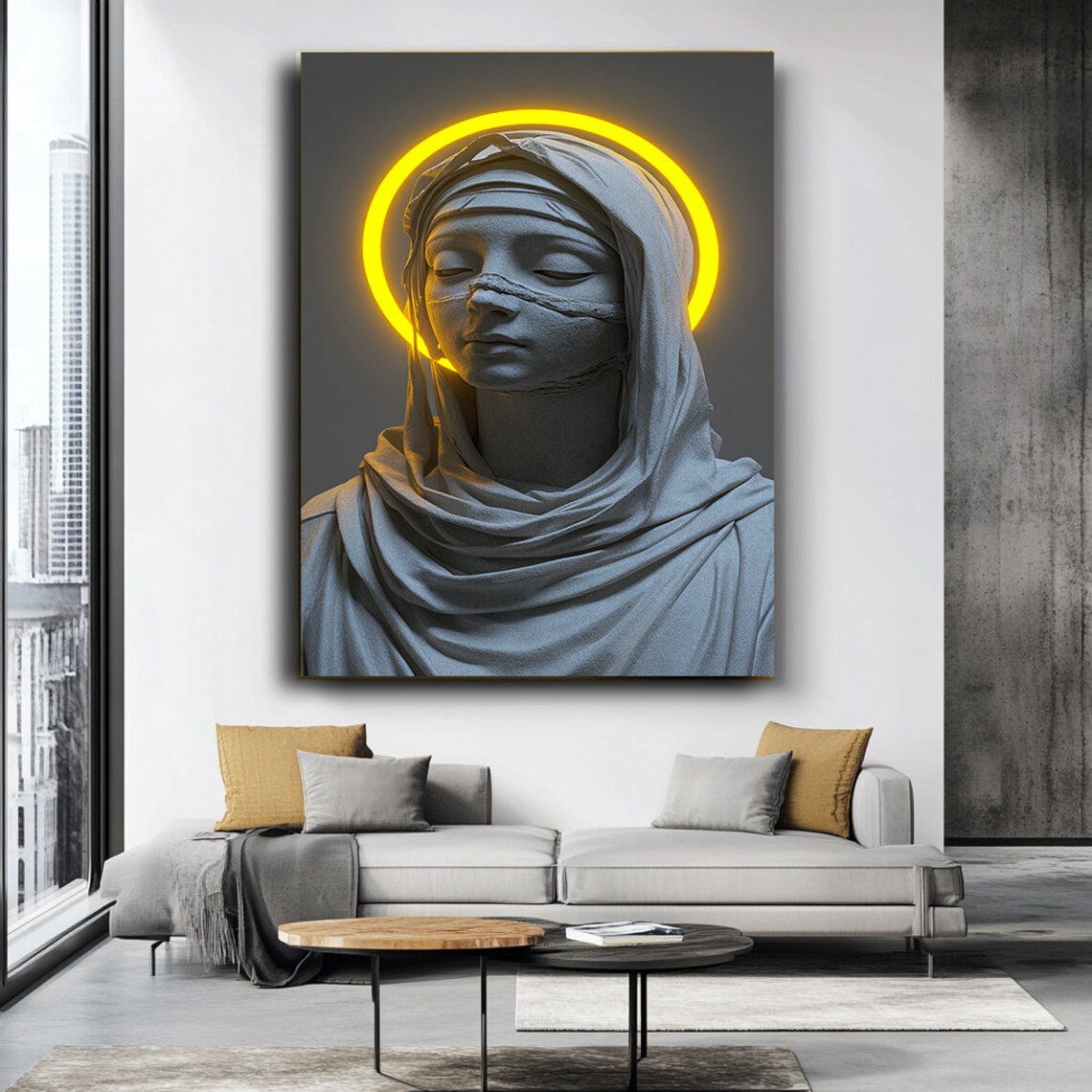 Virgin Mary Statue Glowing Halo Stone Sculpture Religious Sacred Art Wall Poster - Image 3