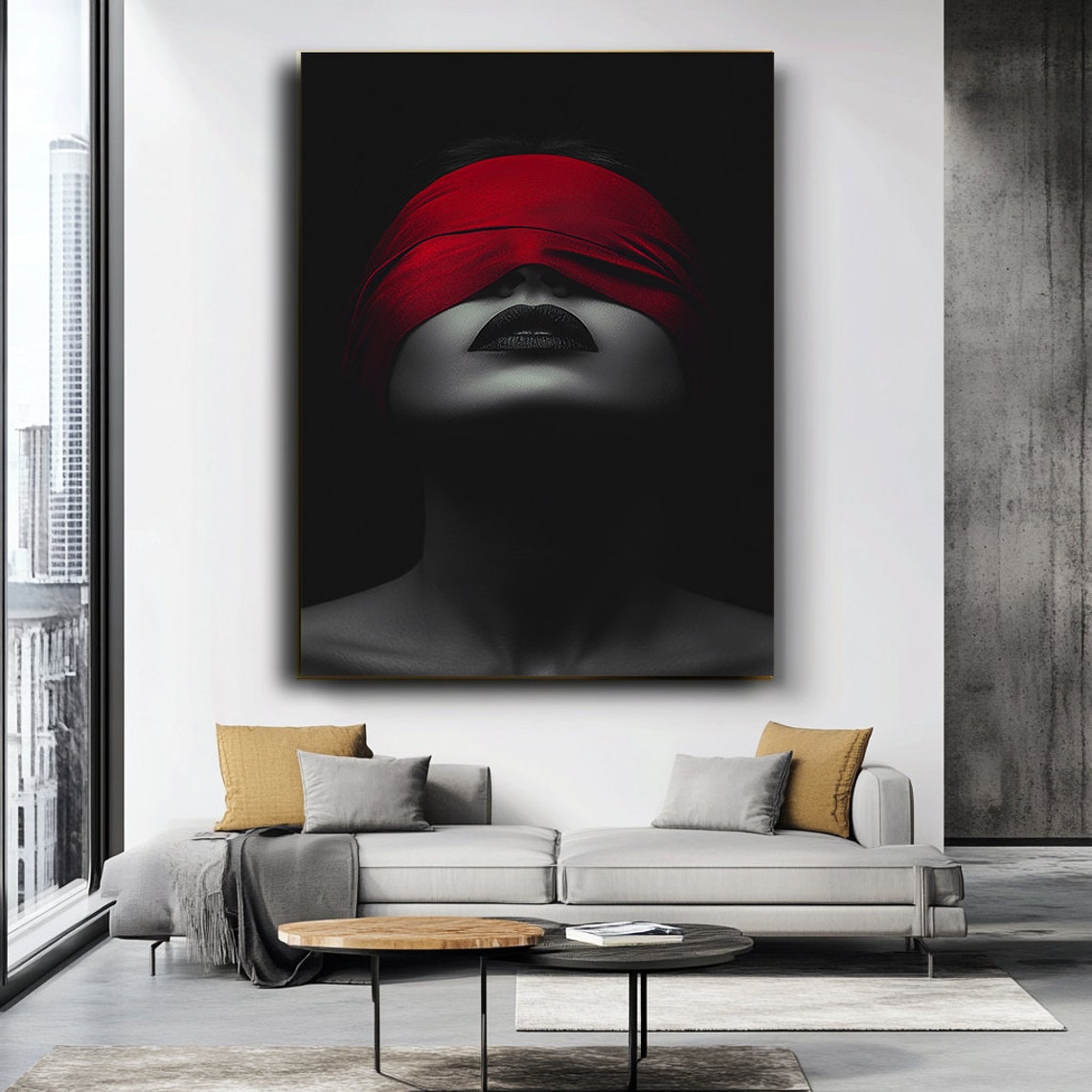 Woman With Red Blindfold In Dramatic Black White Mysterious Art Poster - Image 3