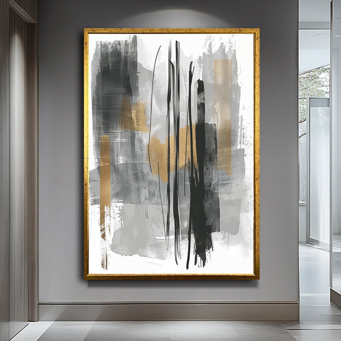 Black Grey Gold Vertical Brushstroke Abstract Minimalist Art Poster