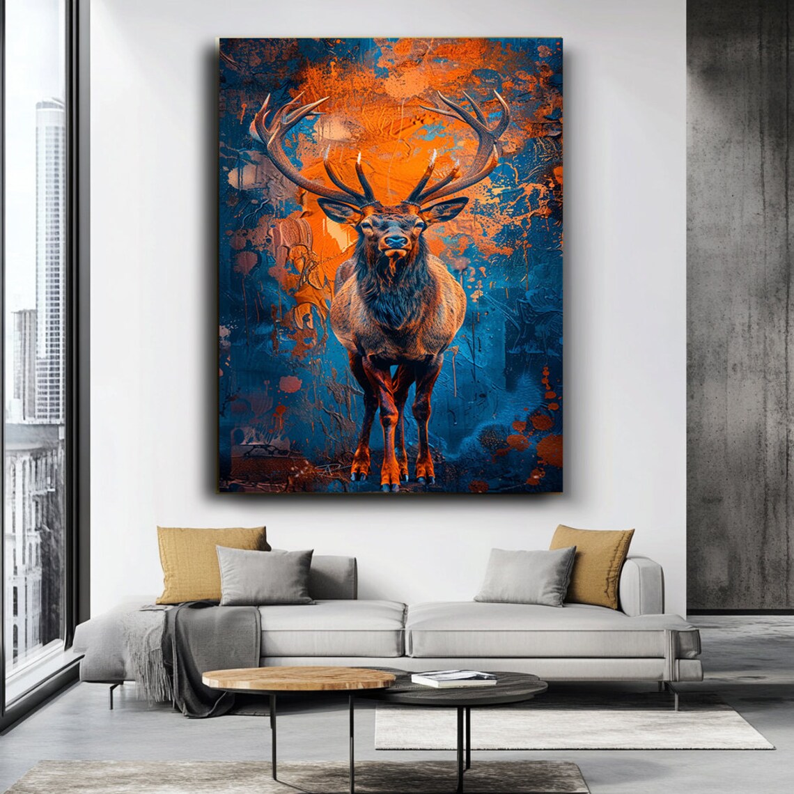 Majestic Stag Antlers Orange Blue Abstract Deer Wall Art Poster - Image 3