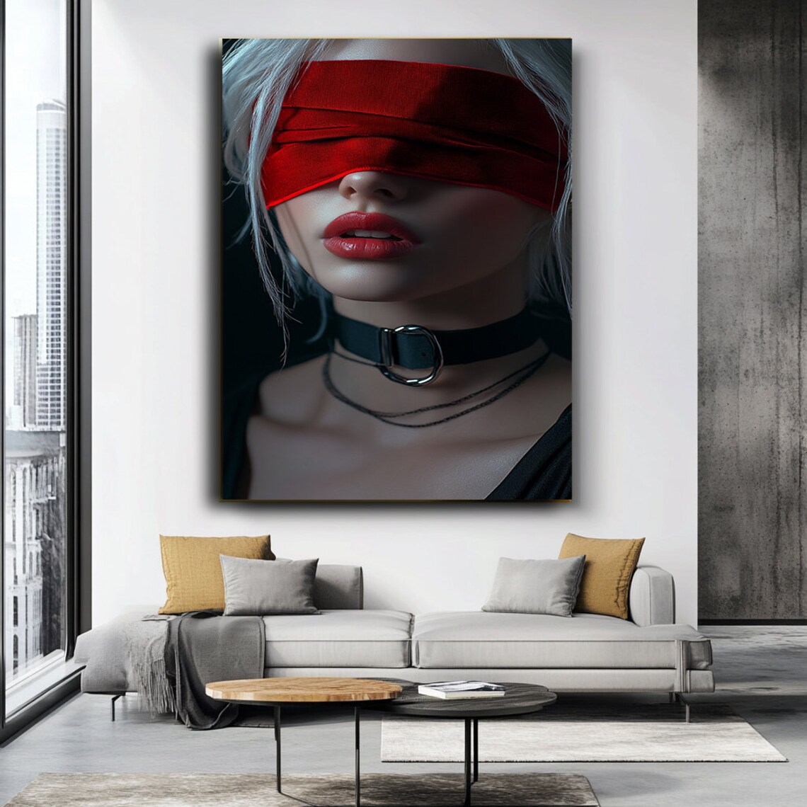 Silver Haired Woman In Red Blindfold And Choker Edgy Portrait Wall Art - Image 3