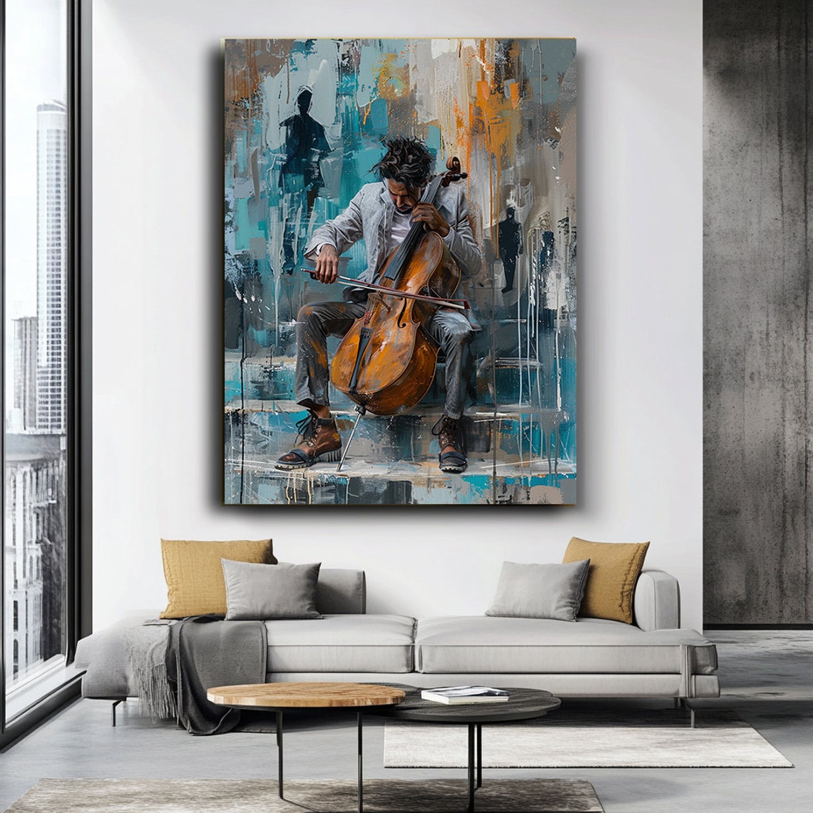 Seated Cellist In Concert Against Turquoise Abstract Backdrop Wall Art - Image 3