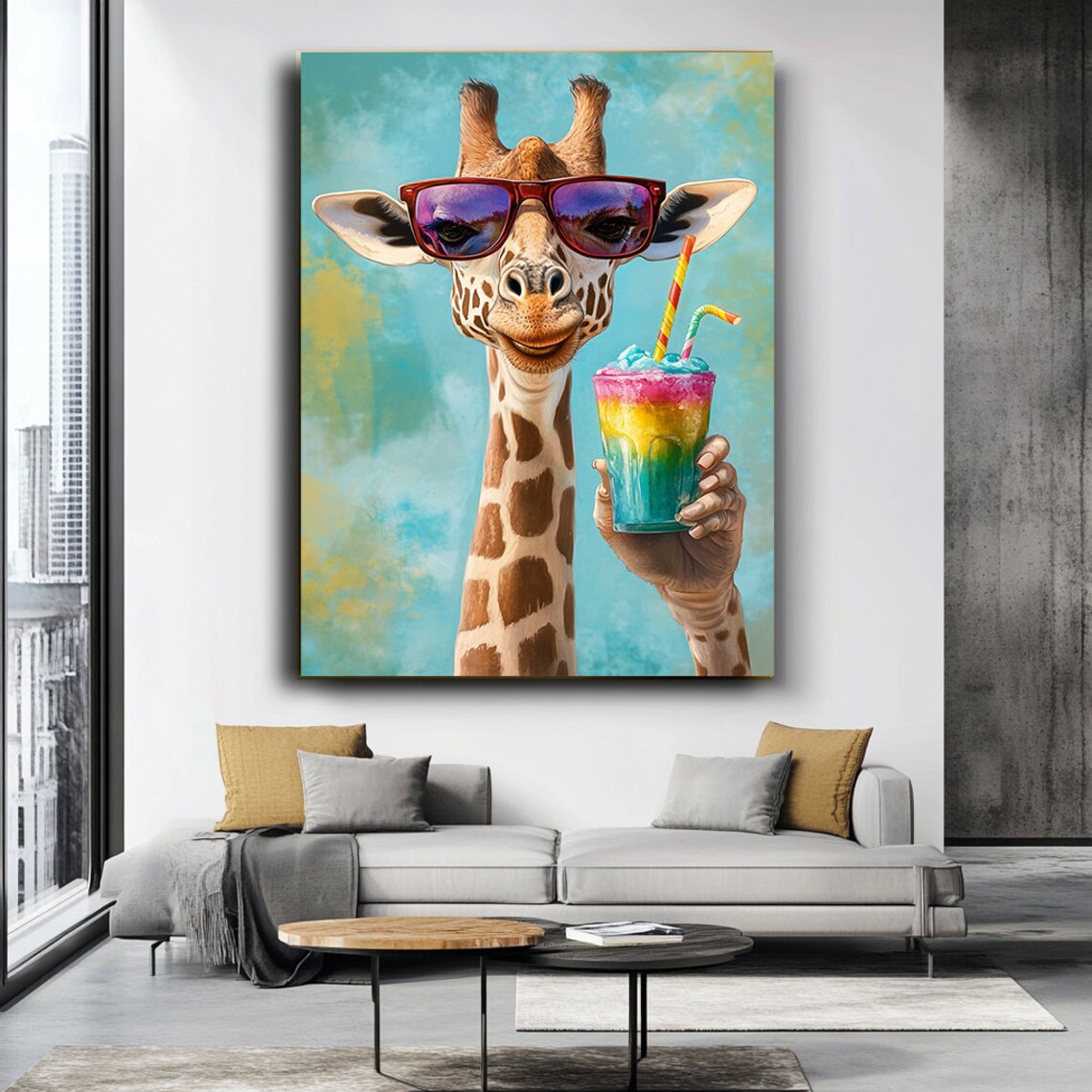 Giraffe Wearing Sunglasses Holding Rainbow Cocktail Fun Whimsical Poster - Image 4