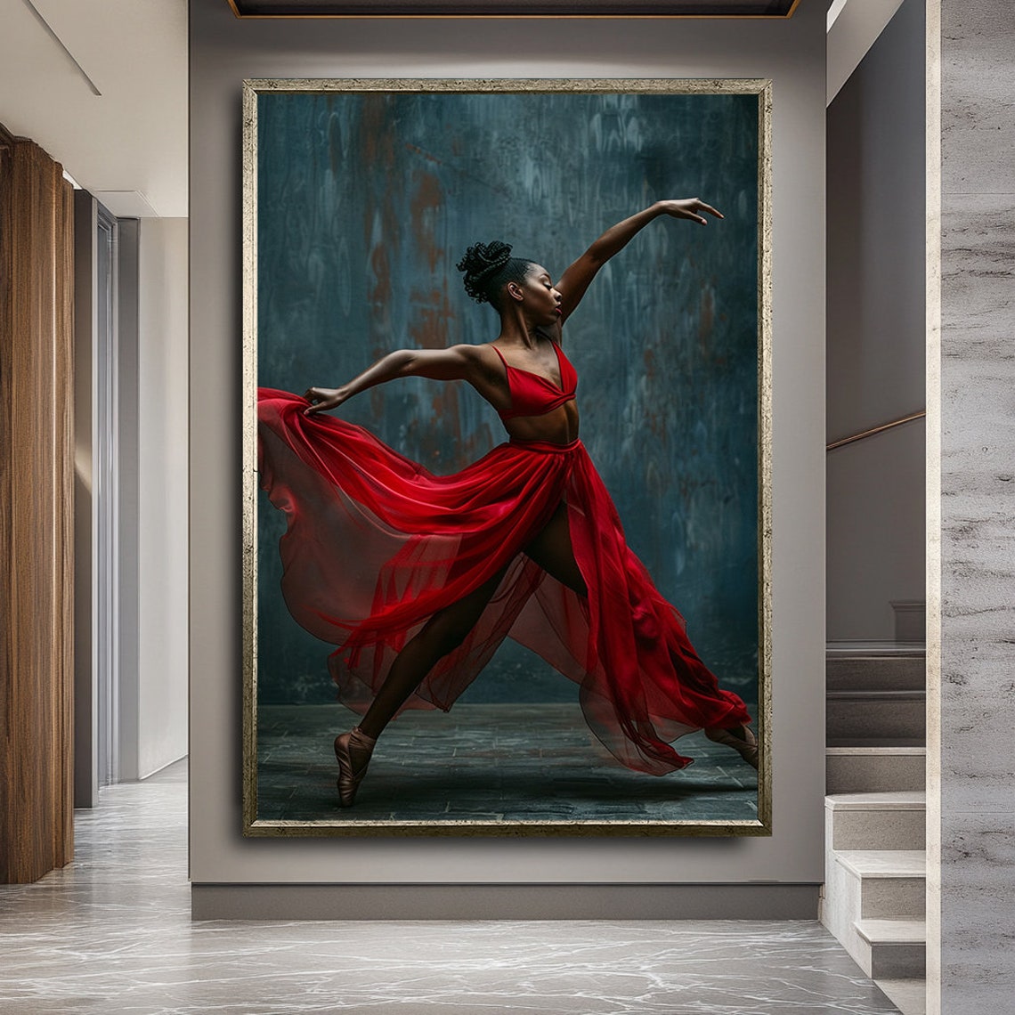 African Dancer Flowing Red Dress Moody Teal Backdrop Wall Art