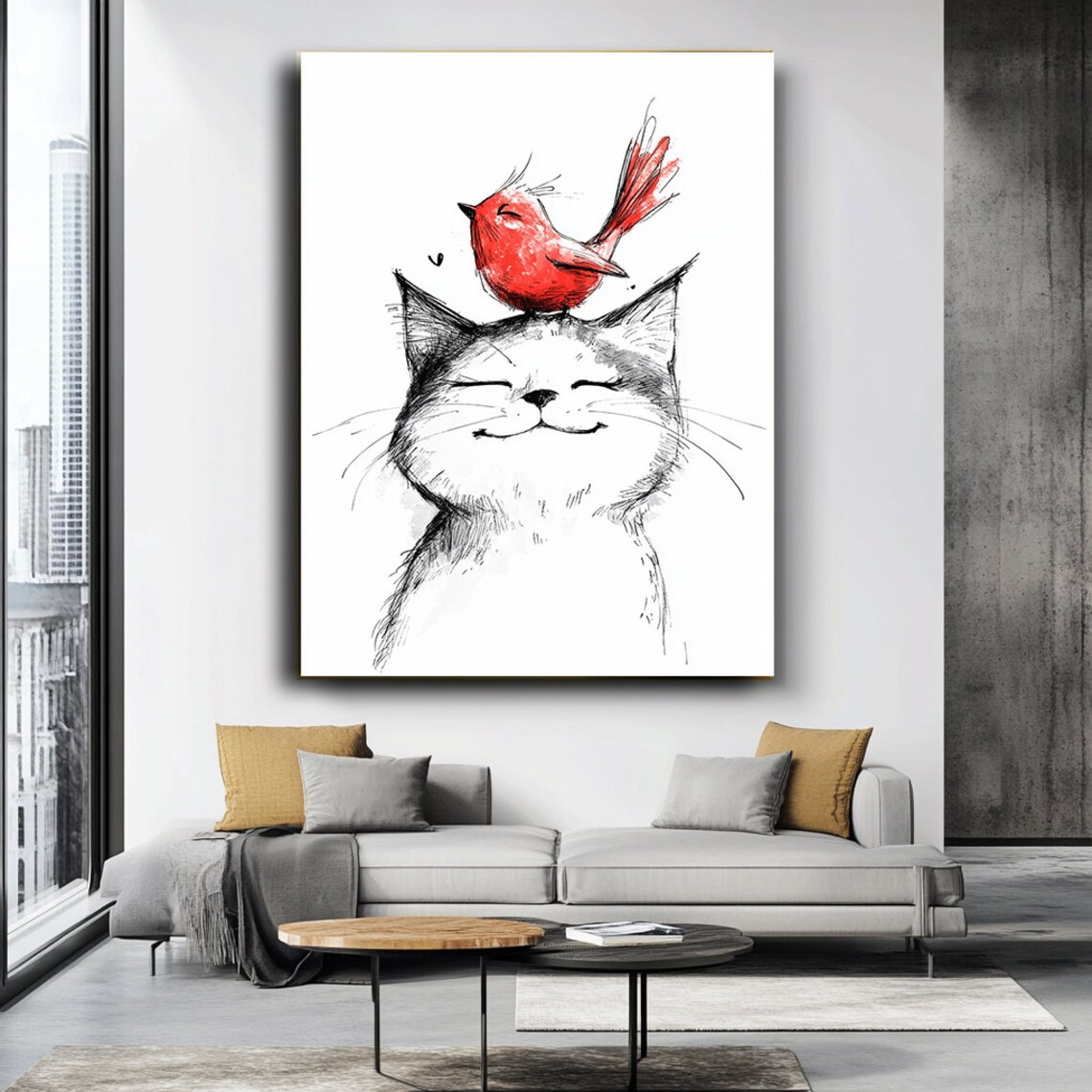 Smiling Cat With Red Bird Perched On Head Minimalist Ink Sketch Poster - Image 4