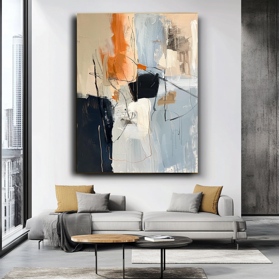 Orange Blue Grey Abstract Brushstroke Scribble Modern Art Poster - Image 3