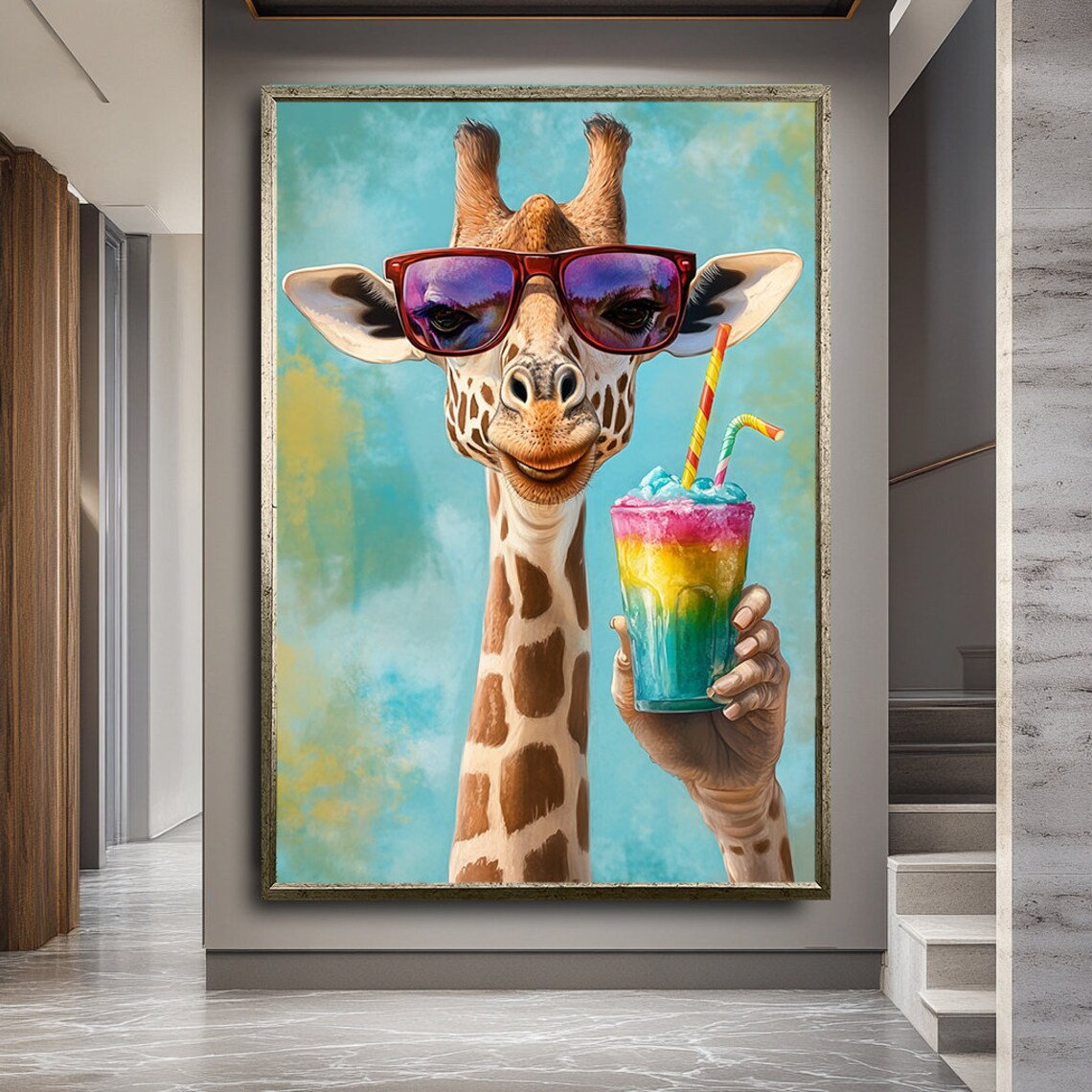 Giraffe Wearing Sunglasses Holding Rainbow Cocktail Fun Whimsical Poster - Image 3