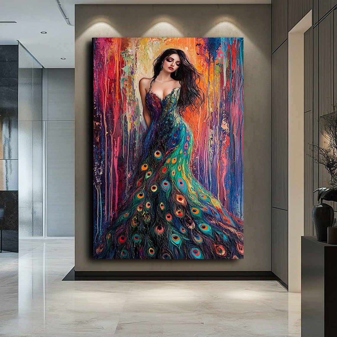 Colorful Peacock Dress Woman Print Vibrant Artistic Wall Art Elegant And Unique Home Decor Woman Art Modern Spaces And Gifts