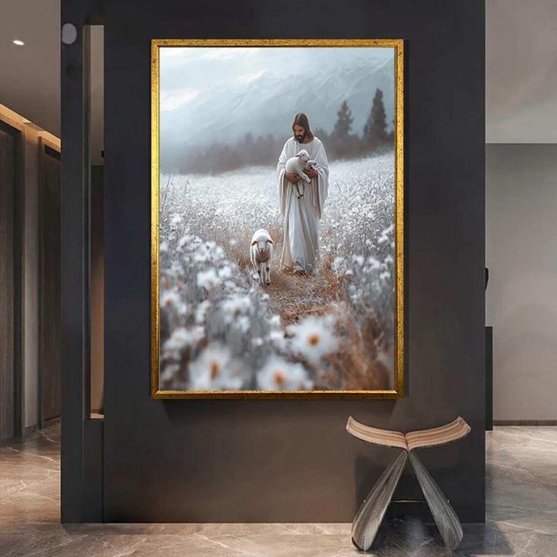 Jesus Holding Lamb Walking Flower Field Peaceful Christian Religious Art Print - Image 3