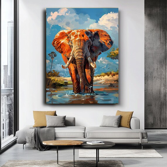 African Elephant Savanna Watering Hole Vibrant Wildlife Art Poster