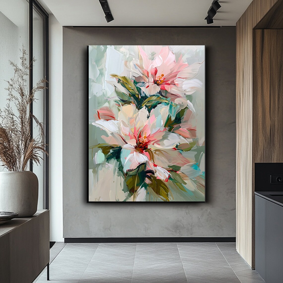 Pink White Flowers Abstract Oil Painting Soft Botanical Poster
