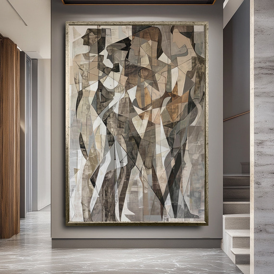 Cubist Abstract Human Figures Beige Brown Neutral Modern Art Poster