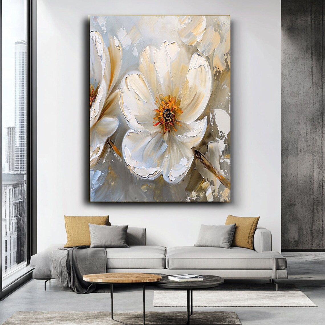 White Cream Flowers Impasto Textured Botanical Elegance Poster - Image 3