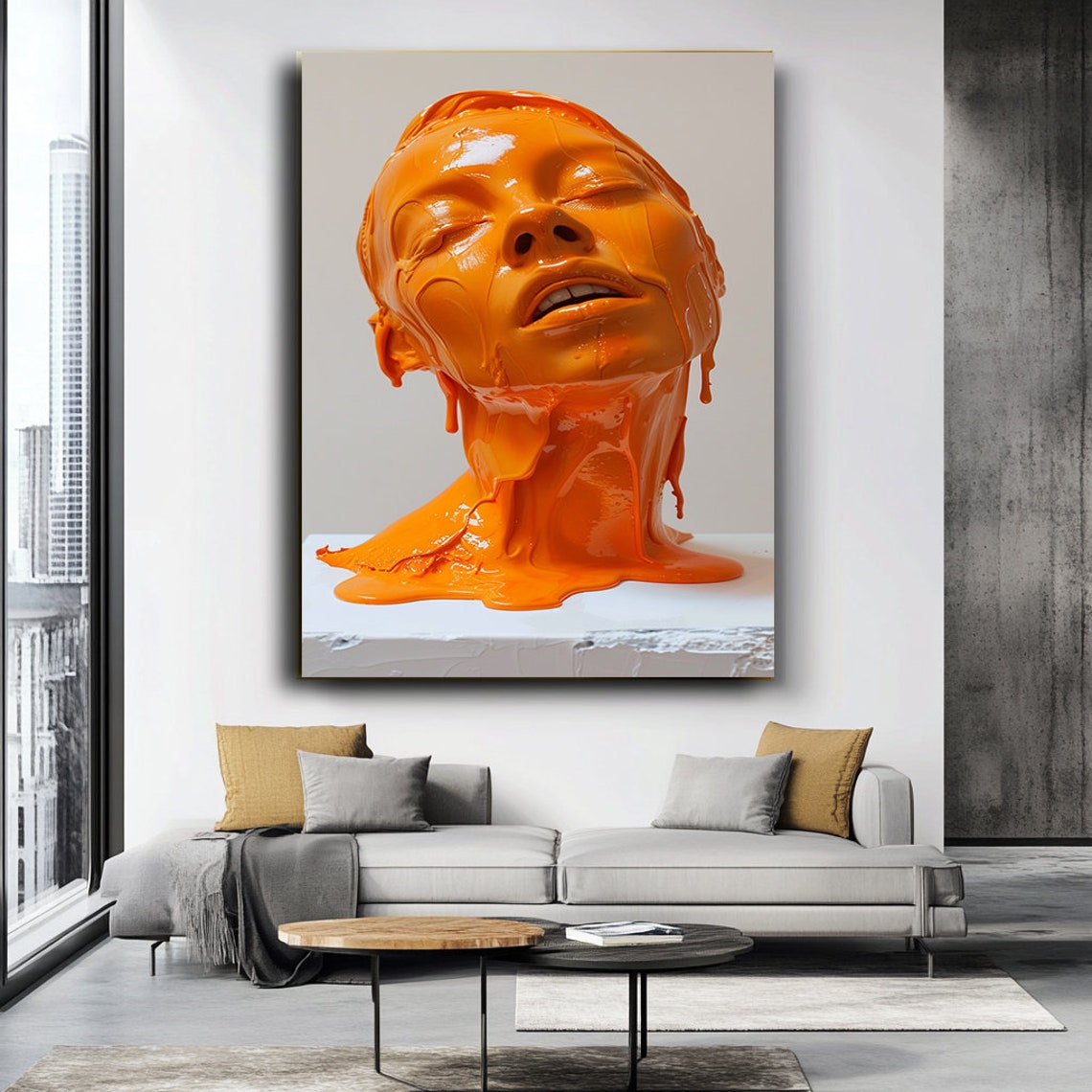Orange Paint Dripping Woman Bust Surreal Sculpture Art Poster - Image 3