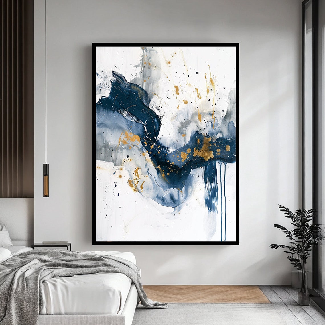 Navy Blue Gold Watercolor Abstract Fluid Ink Modern Art Poster - Image 4