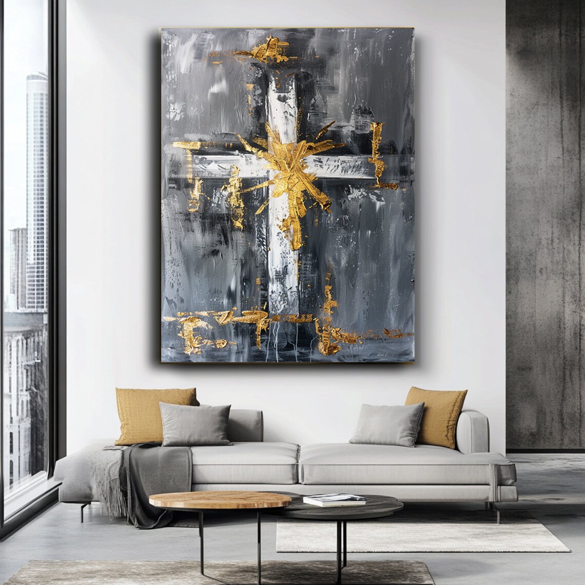 Gold Cross Grey Black Abstract Faith Religious Wall Art Poster - Image 2