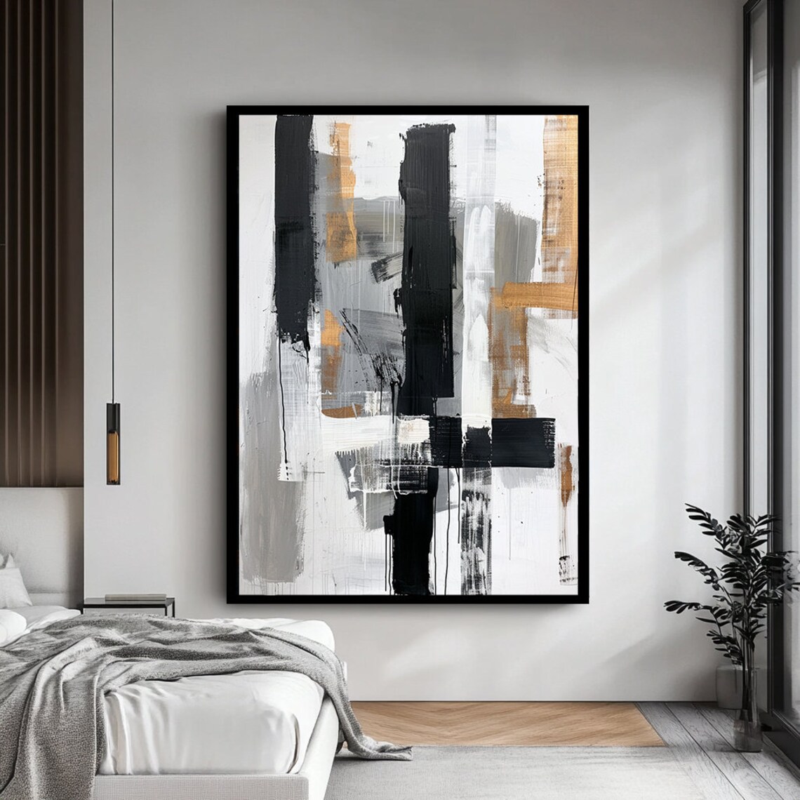 Black White And Gold Vertical Brushstroke Abstract Modern Art Poster